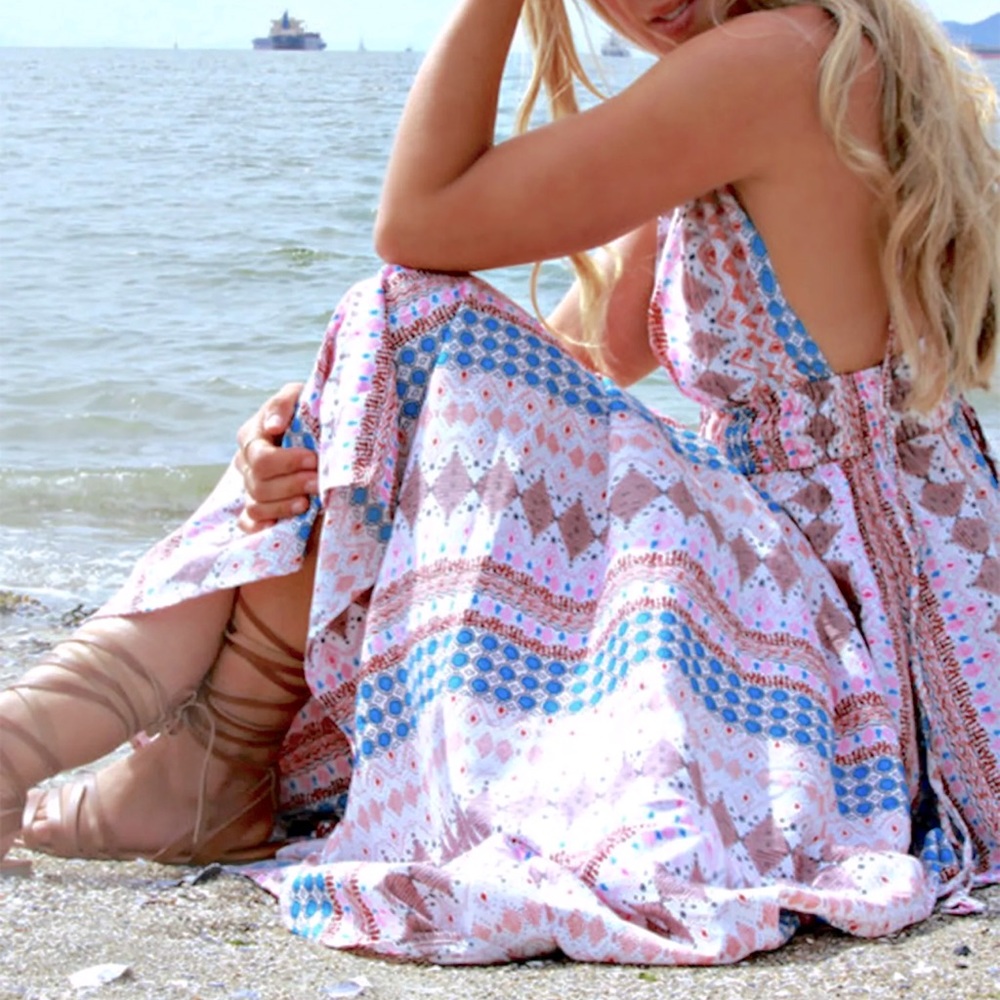 Lulu’s Maxin' Relaxin' Blue Multi Print Sleeveless Tie-Strap Maxi Dress